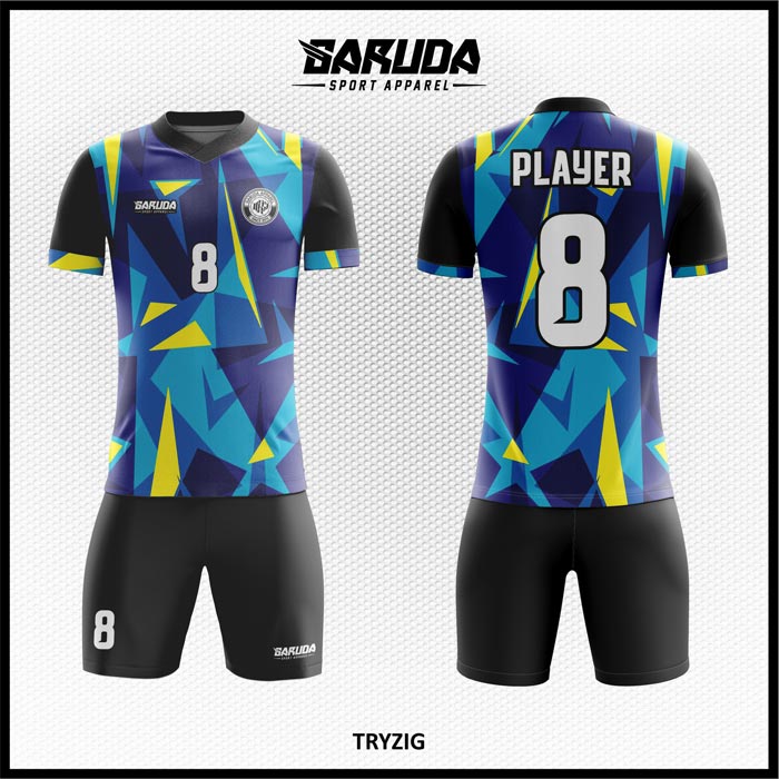 Desain Baju Futsal Printing Trizig Warna Biru Hitam Kuning Paling Keren