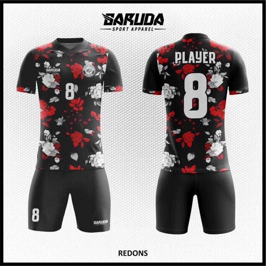 Desain Jersey Hitam Code Redons Motif Bunga Merah Putih