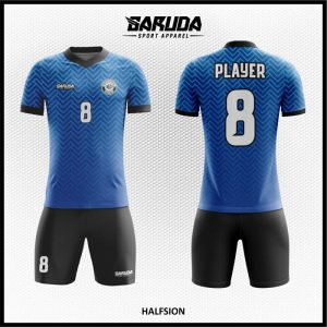 Desain Baju Futsal Full Print Halfsion Warna Biru Hitam Bergelombang