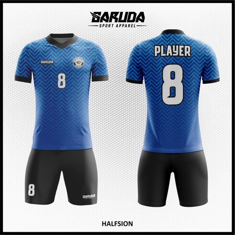 Desain Baju Jersey Halfsion Motif Zig Zag Warna Biru Hitam