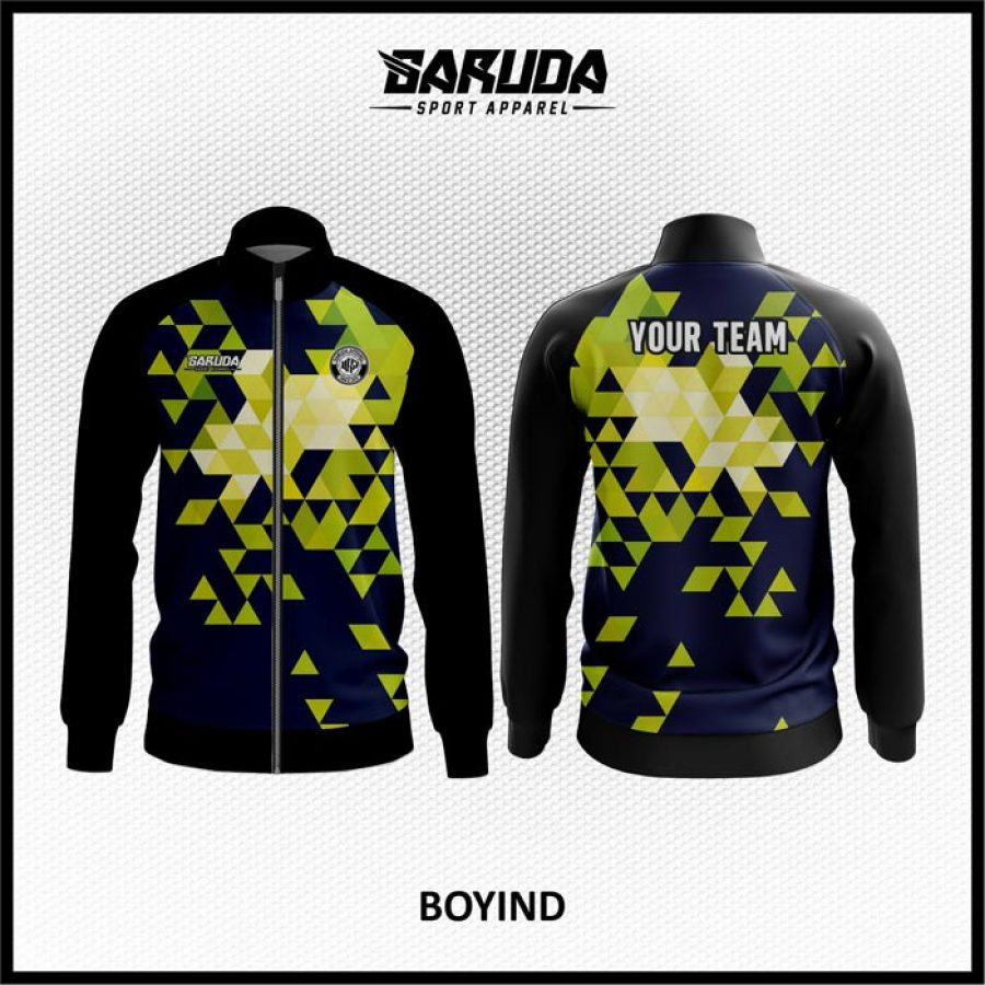 Desain Jaket Printing Warna Biru Hitam Motif 3 Dimensi