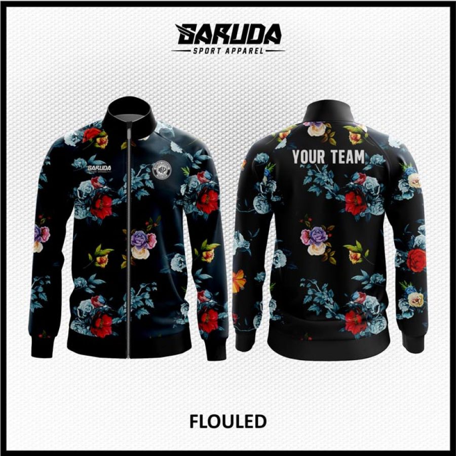 Desain Jaket Printing Warna Hitam Motif Bunga Yang Anggun