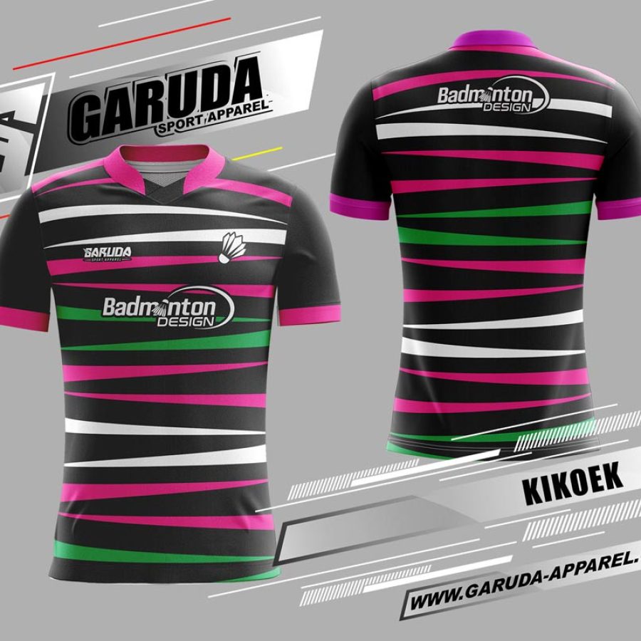 Kaos Badminton Code Kikoek Warna Hitam Motif Zig Zag Pink Hijau