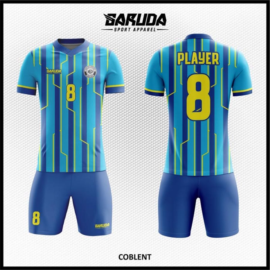 Desain Jersey Code Colbent Warna Biru list Kuning Garis-garis