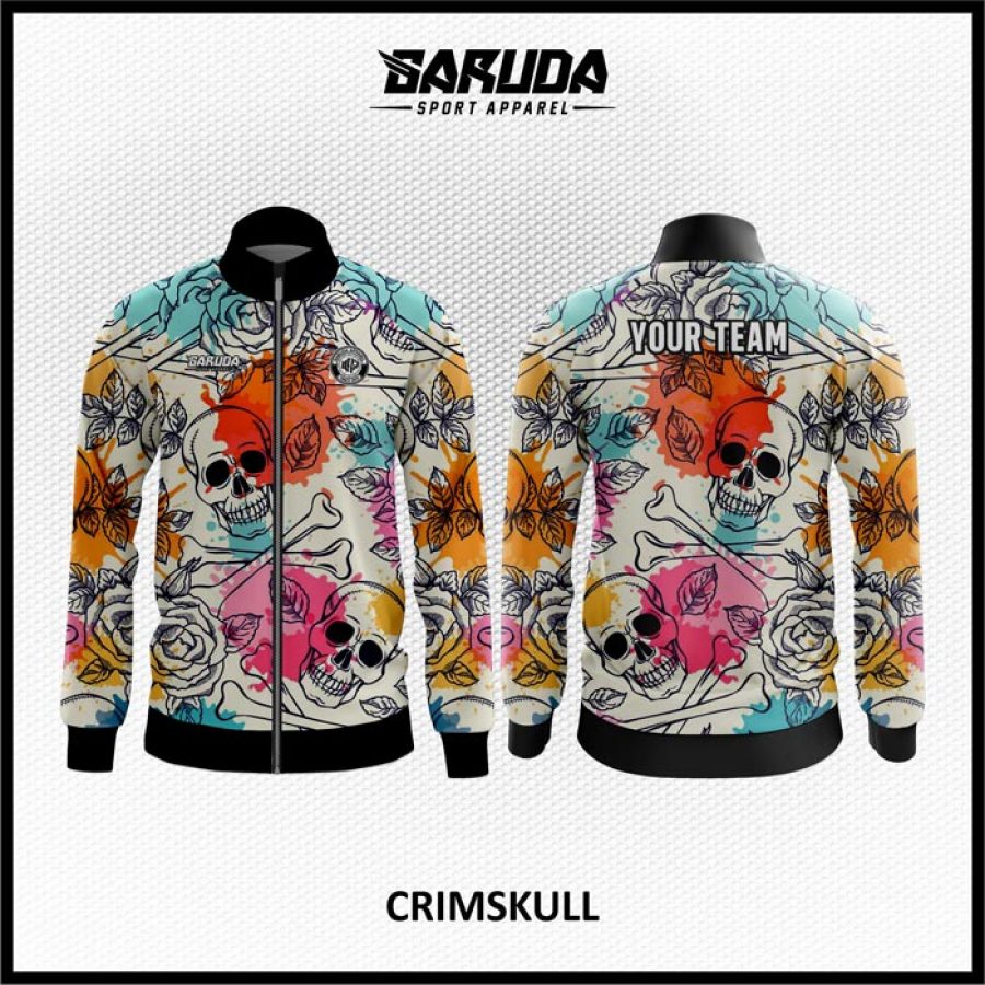 Desain Jaket Printing Warna Putih Motif Tengkorak Dan Bunga