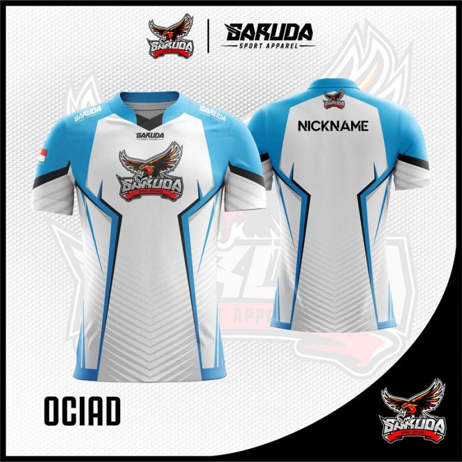 Desain Baju Gaming Esport Ociad Warna Putih Biru Tosca Yang Trendy