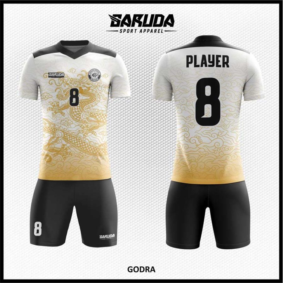 Desain Jersey Gambar Naga Code Godra Warna Putih Emas Hitam