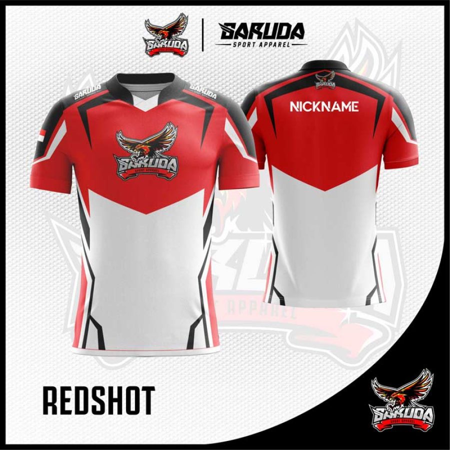 Desain Baju Gaming Redshot Warna Merah Putih Paling Keren
