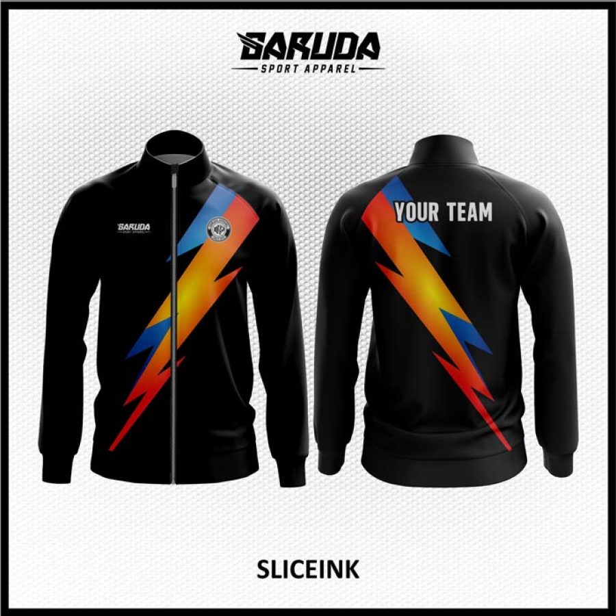 Desain Jaket Printing Warna Hitam Motif Petir Simple Tapi Berkelas