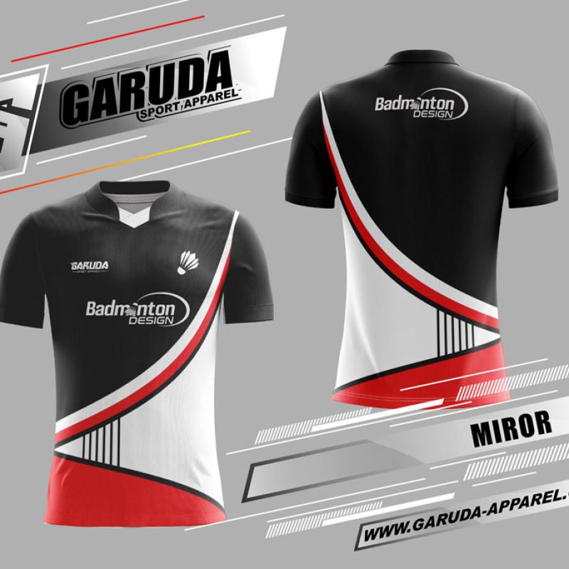 Jersey Badminton Miror Motif Melengkung, Hitam Putih Merah
