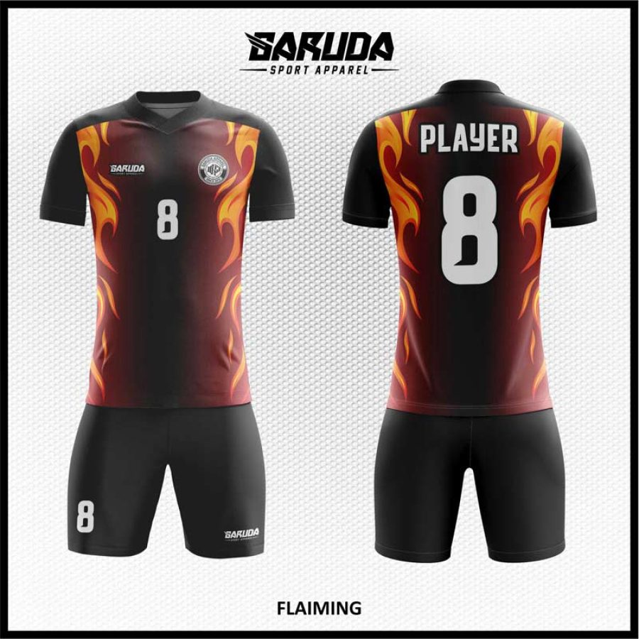 Desain Jersey Flaiming Motif Bunga Api Marun Hitam