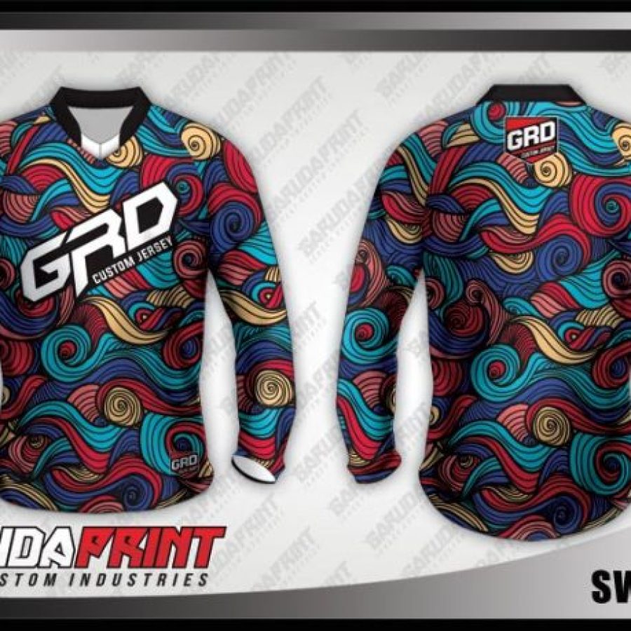 Desain Jersey Sepeda MTB Swirlblu Motif Bergelombang Warna Warni