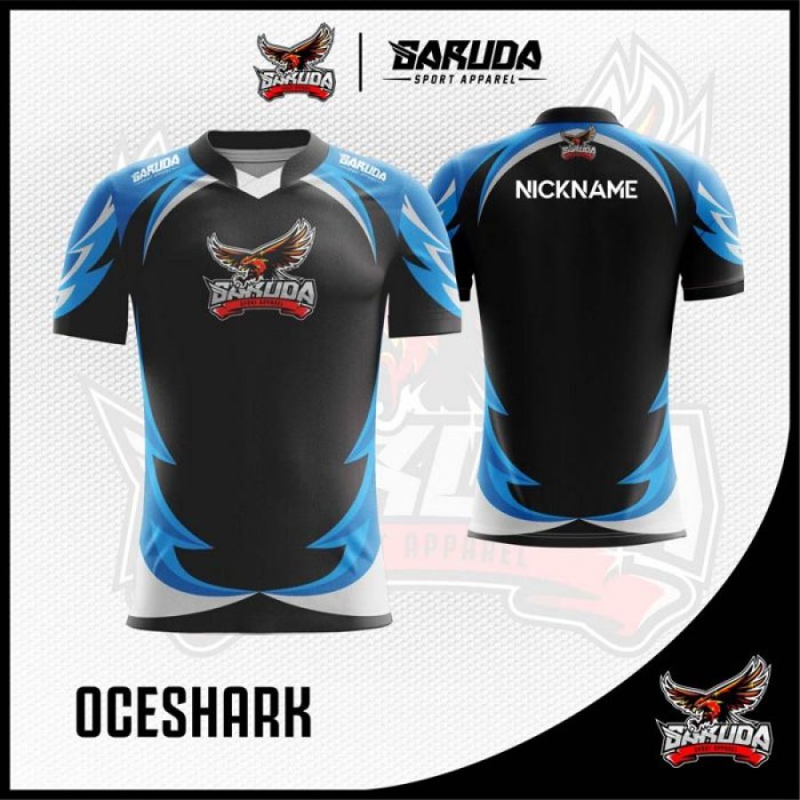 Desain Kaos Gaming Esport Oceshark Warna Hitam Biru Bergelombang
