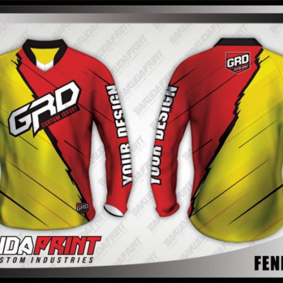 Desain Baju Sepeda MTB Gunung Fenerflash Warna Merah Kuning Sederhana