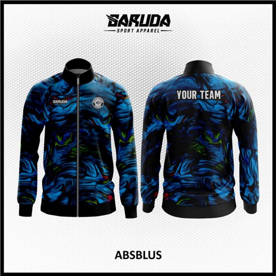 Desain Jaket Printing Warna Biru Hitam Motif Abstrak Bergelombang