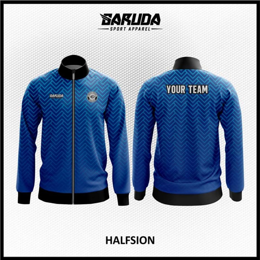 Desain Jaket Printing Warna Biru Motif Garis Bergelombang Modern