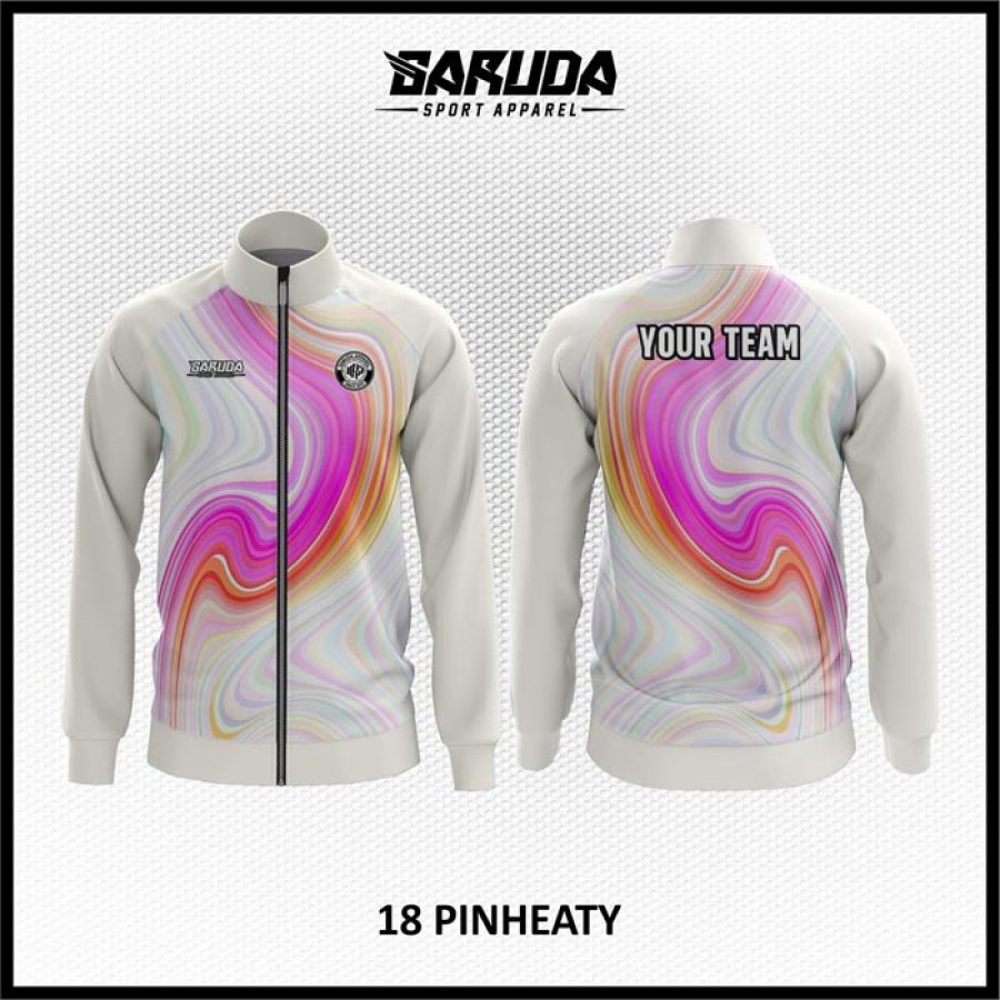 Desain Jaket Printing Warna Putih Pink Motif Bergelombang Kekinian