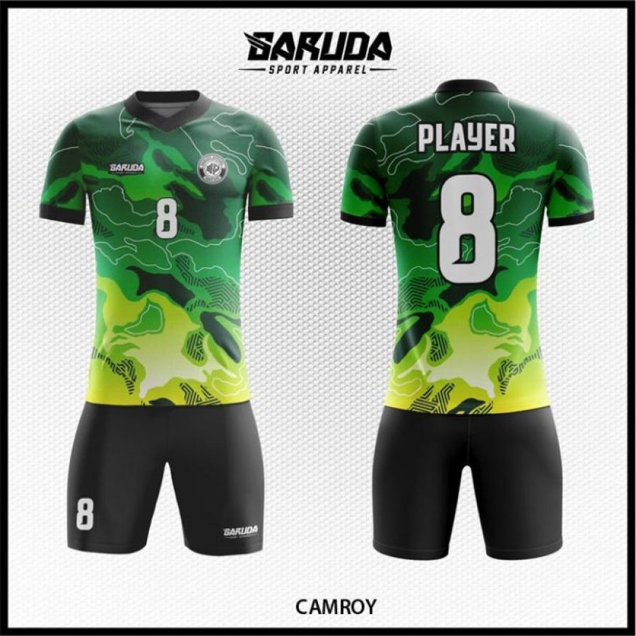 Desain Seragam Jersey Code Camroy Motif Loreng Gradasi Hijau Kuning