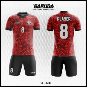 Desain Jersey Futsal Reilatic Motif Bunga Warna Merah Hitam Mempesona
