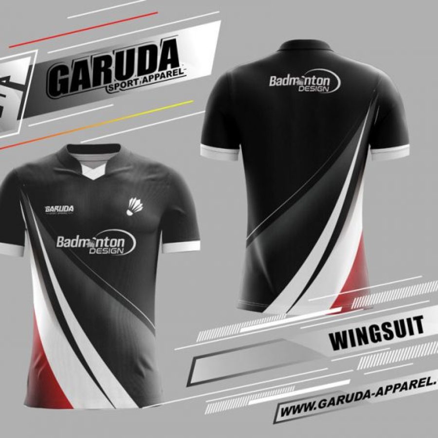 Kaos Badminton Wingsuit Warna Hitam Putih Merah Keren Banget