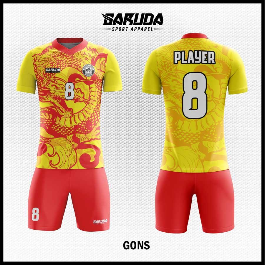 Jersey Futsal GONS Merah Kuning Motif Dragon, Tampilan Gagah dan Penuh Energi di Lapangan