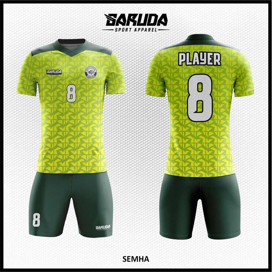 Jersey Futsal SEMHA Kombinasi Hijau Army dan Lime Kuning dengan Motif Cabang Simetris