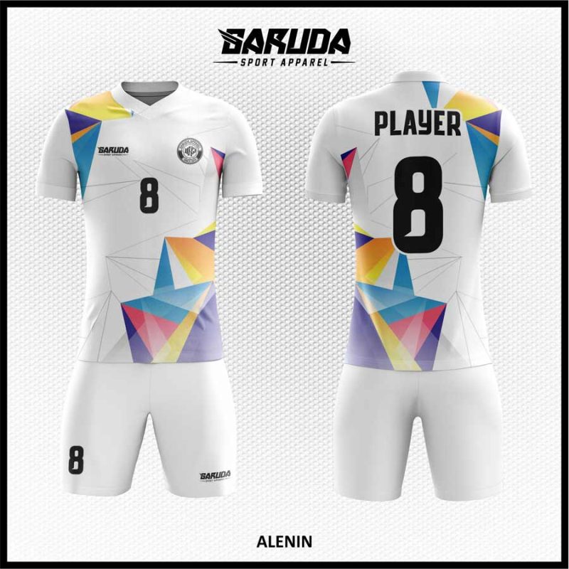 Jersey Futsal ALENIN Kombinasi Putih Bersih dan Warna Geometris Cerah dengan Motif Prisma Tajam
