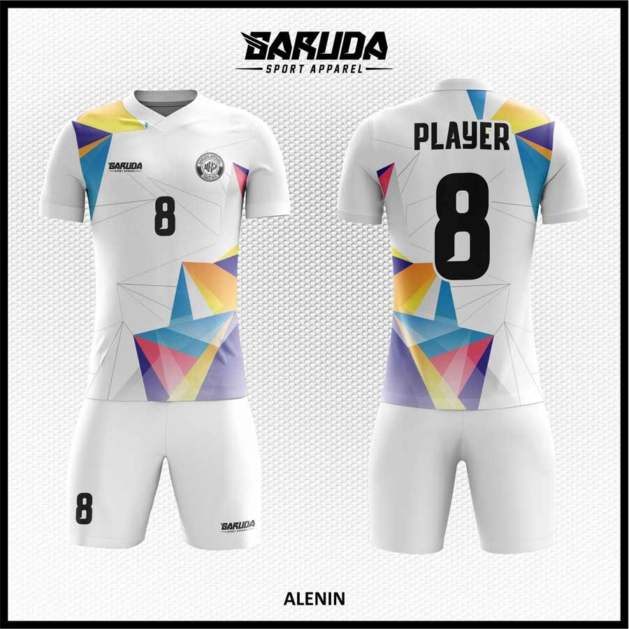 Jersey Futsal ALENIN Kombinasi Putih Bersih dan Warna Geometris Cerah dengan Motif Prisma Tajam