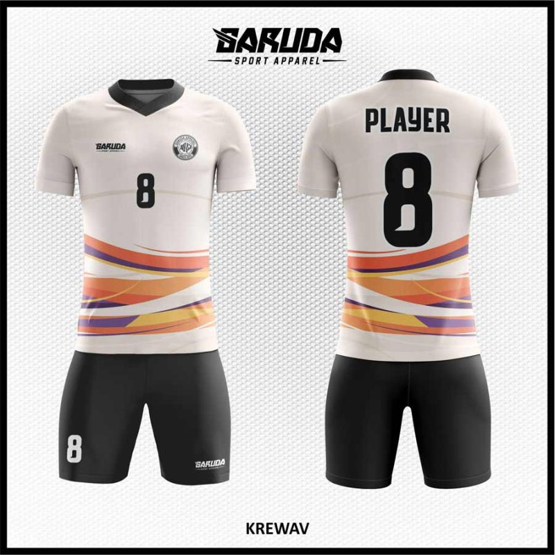Jersey Futsal KREWAV dengan Warna Putih Pucat dan Motif Gelombang Oranye-Ungu yang Dinamis