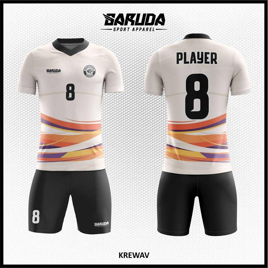 Jersey Futsal KREWAV dengan Warna Putih Pucat dan Motif Gelombang Oranye-Ungu yang Dinamis