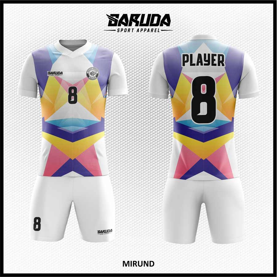 Jersey Futsal MIRUND Warna Putih dengan Motif Geometris Chevron dan Aksen Warna Cerah