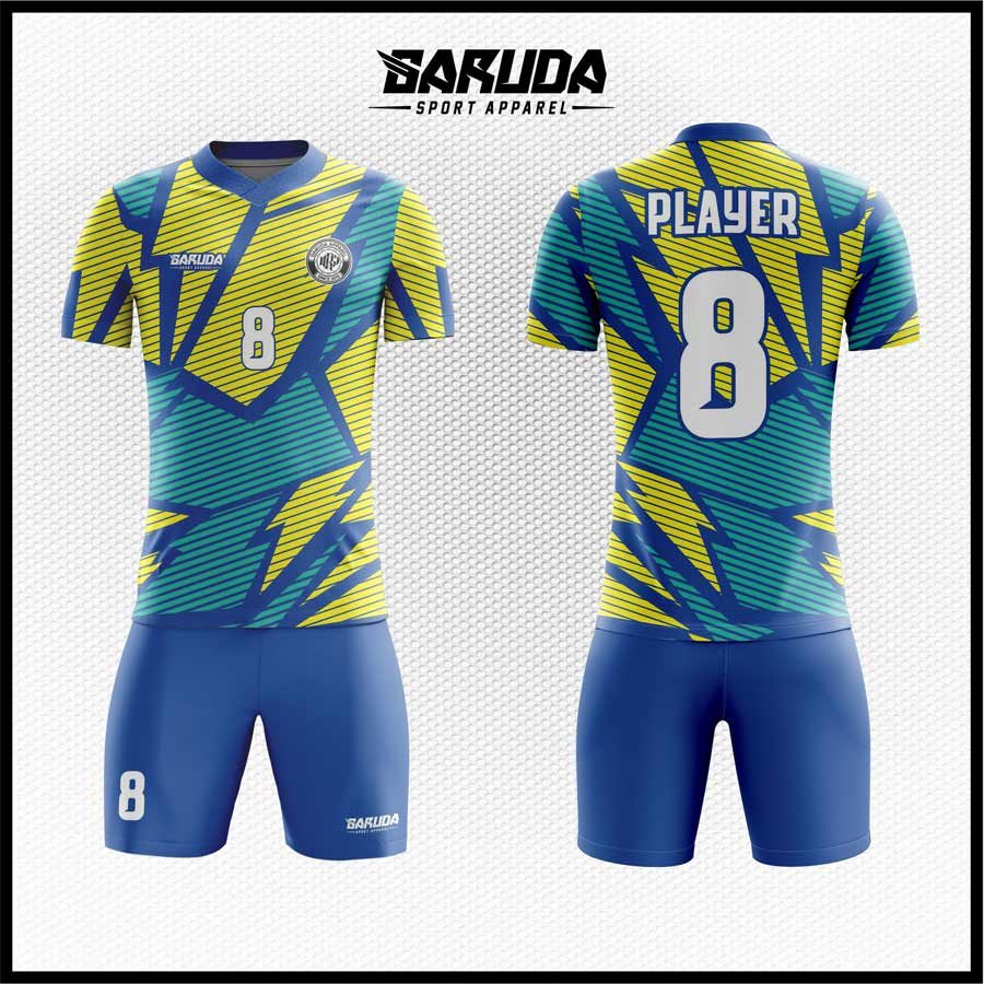 Jersey Futsal Warna Blue Royal dan Lime Green dengan Motif Garis Petir Zigzag