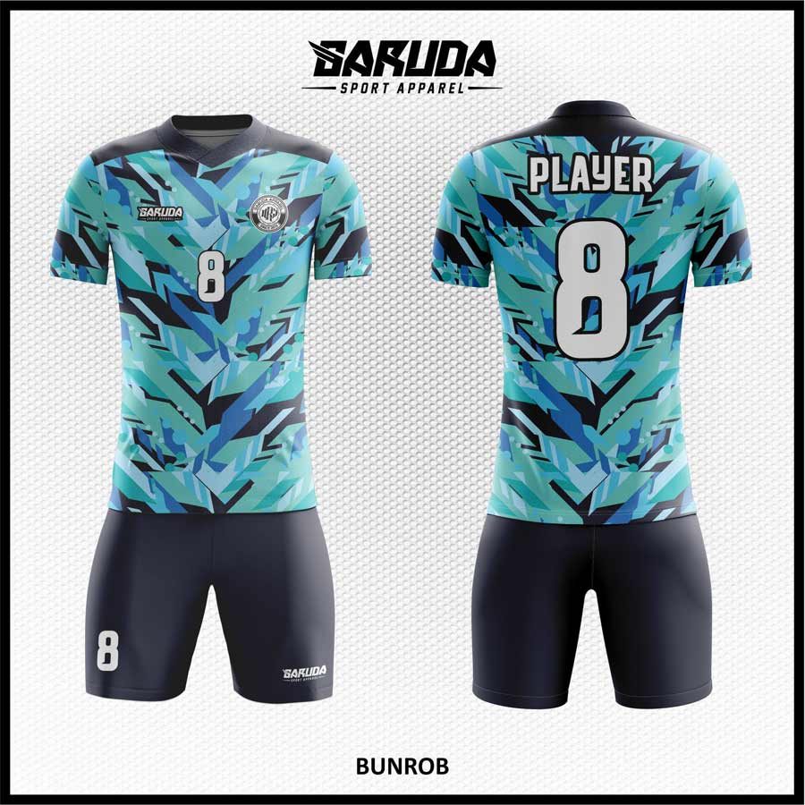 Jersey Futsal BUNROB, Kombinasi Toska dan Hitam dengan Motif V Abstrak yang Tampil Futuristik