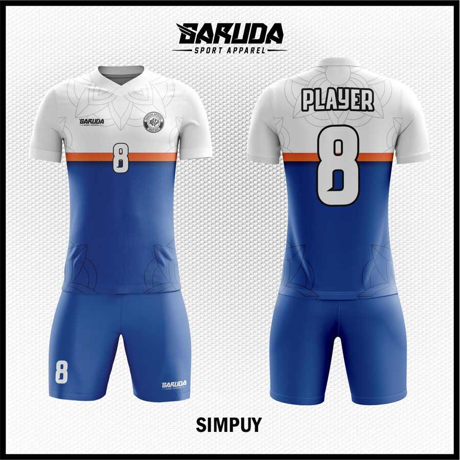 Jersey Futsal SIMPUY Biru Putih dengan Aksen Oranye, Minimalis tapi Tetap Eye-Catching