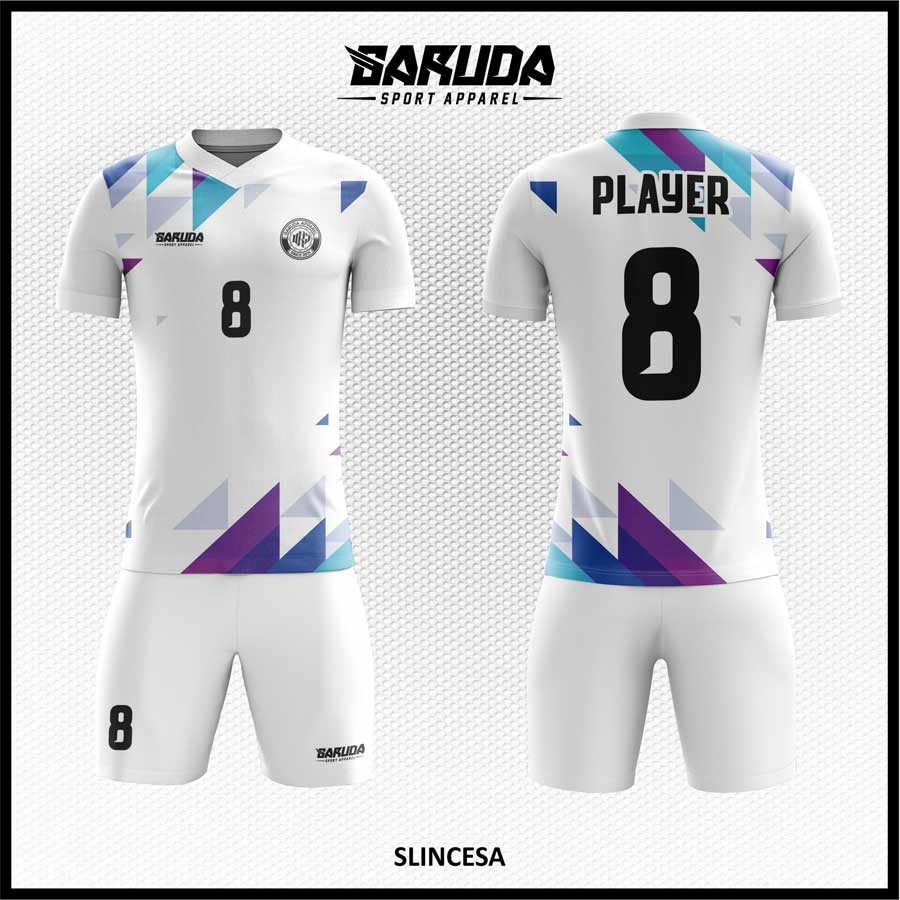Jersey Futsal Putih Motif Segitiga Abstrak SLINCESA, Simpel, Bersih, dan Elegan