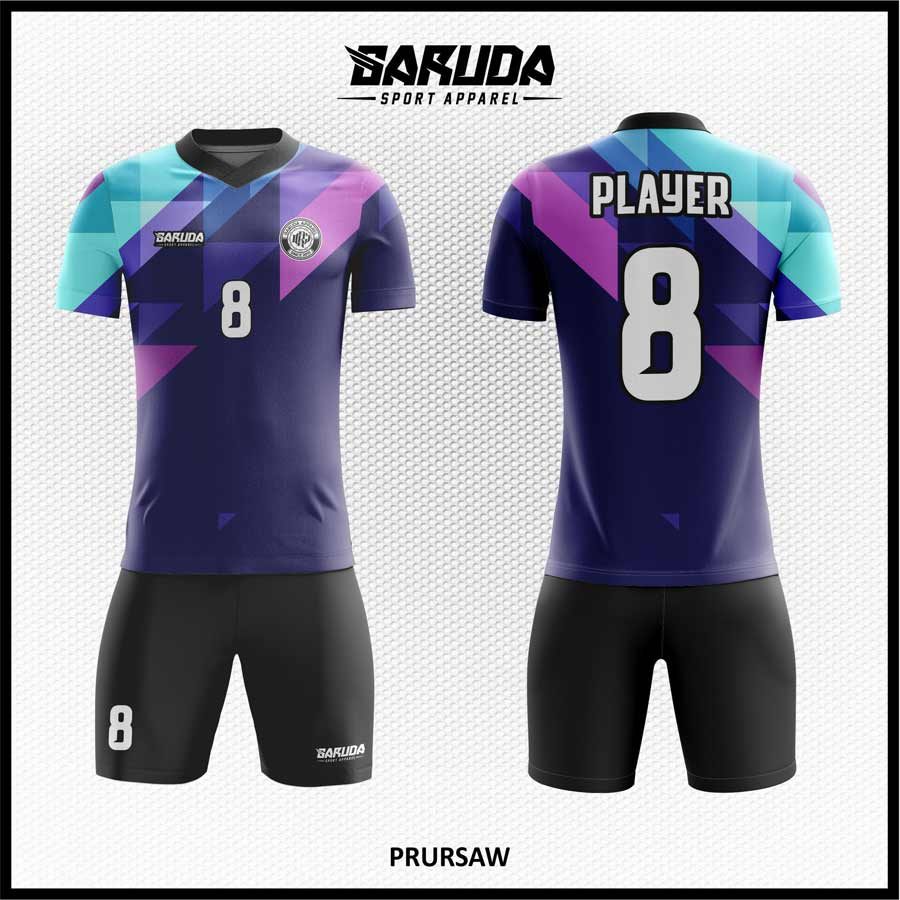Jersey Futsal PRURSAW dengan Kombinasi Ungu Gelap dan Aksen Geometris Cyan-Fuchsia