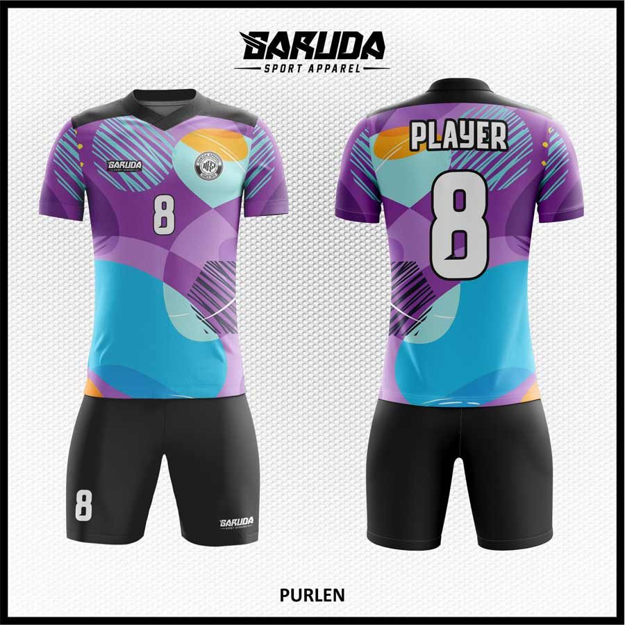 Jersey Futsal Warna Ungu, Cyan, dan Oranye dengan Motif Lingkaran Abstrak – Kode PURLEN