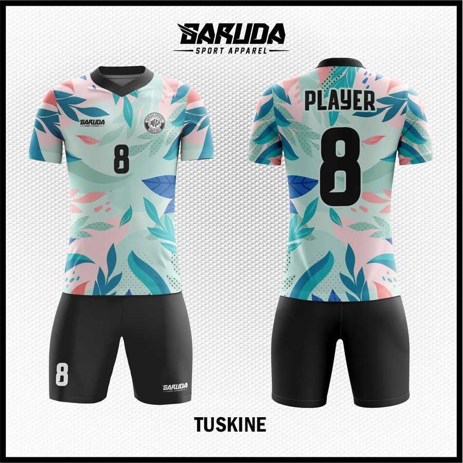 Jersey Futsal Warna Mint Tosca Motif Daun Tropis yang Segar – Code TUSKINE