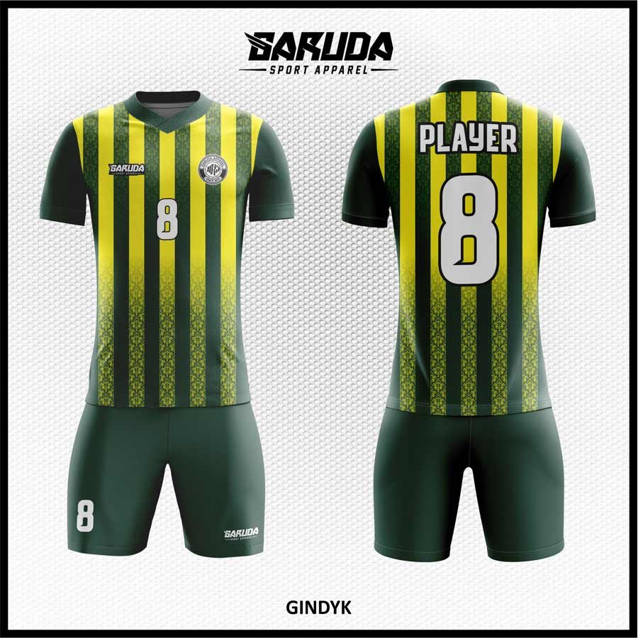 Jersey Futsal Hijau Olive Gelap dengan Motif Strip Floral Kuning Lemon – Kode GINDYK