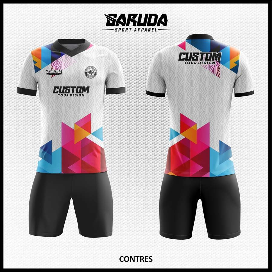 Jersey Futsal Putih Geometris dengan Aksen Magenta–Merah–Biru – Kode CONTRES