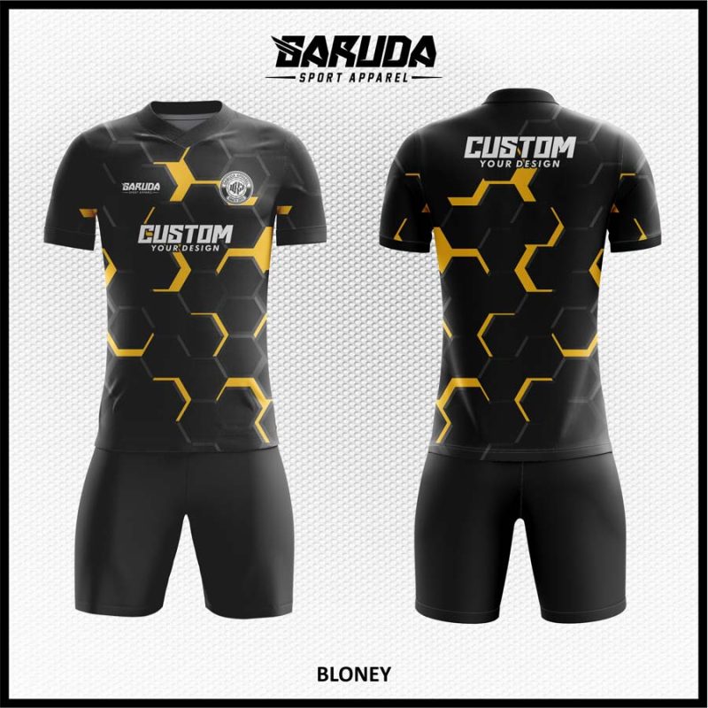 Jersey Futsal Hitam Doff dengan Motif Hexagon Kuning Mewah – Kode BLONEY