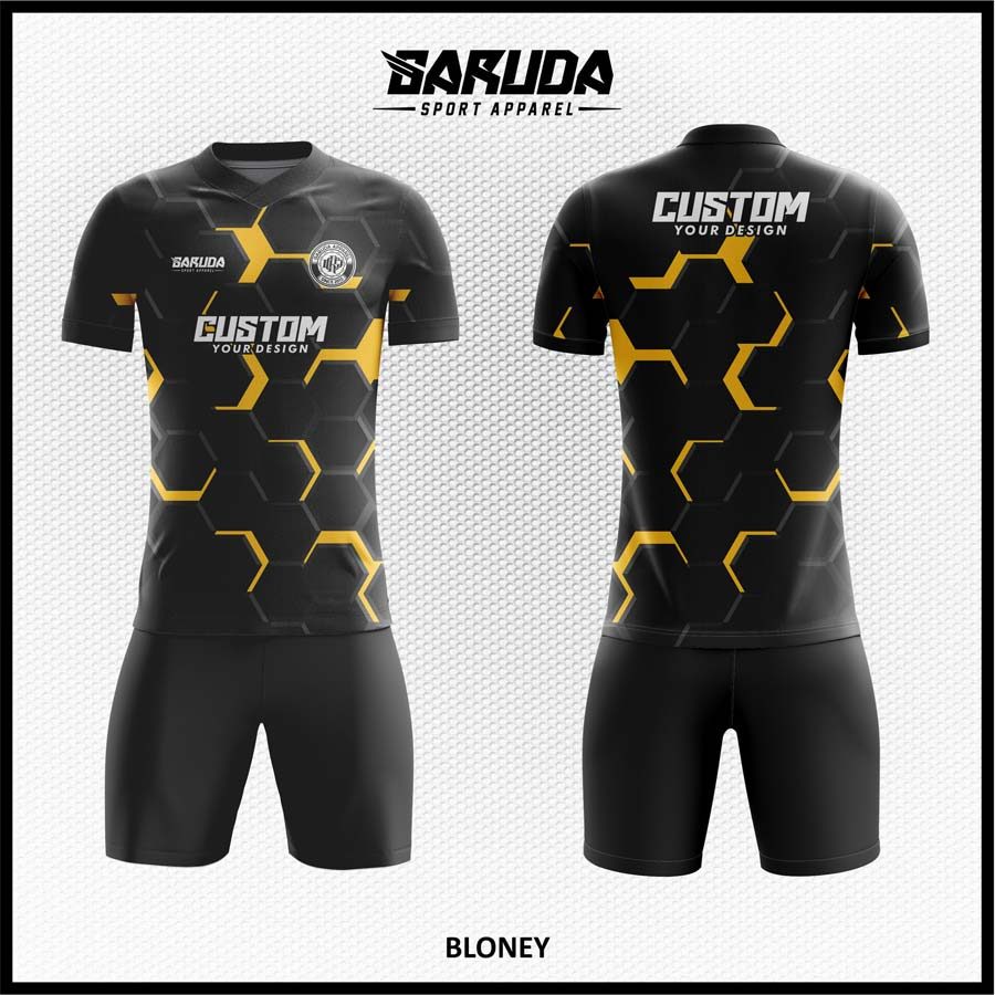 Jersey Futsal Hitam Doff dengan Motif Hexagon Kuning Mewah – Kode BLONEY