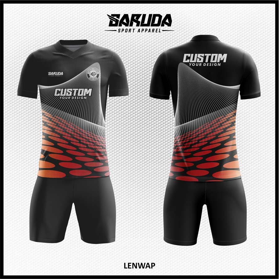 Jersey Futsal Hitam Doff dengan Gradasi Merah Oranye dan Motif Futuristik – Kode LENWAP