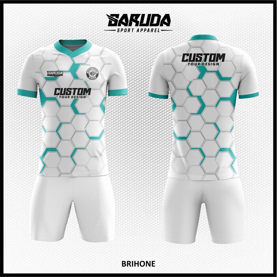 Jersey Futsal Putih Salju dengan Motif Hexagonal Futuristik Biru Toska – Code BRIHONE