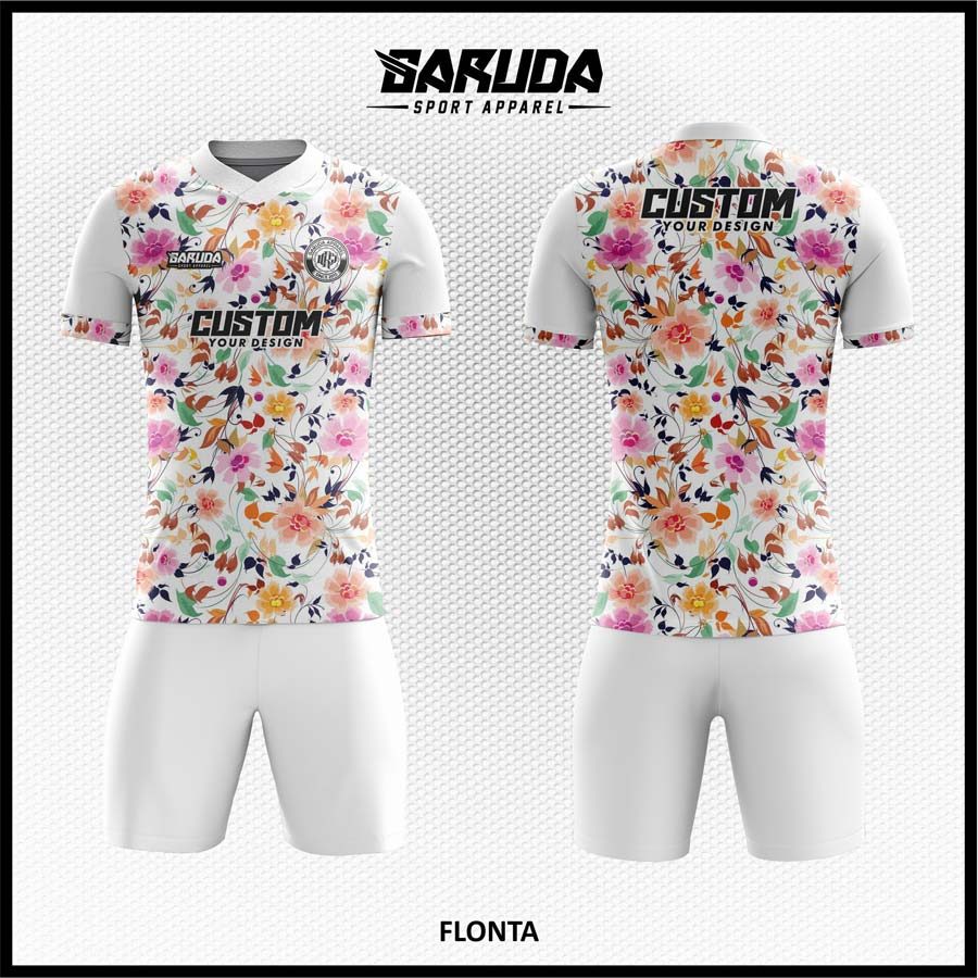 Jersey Futsal Putih Cerah dengan Motif Bunga Warna-Warni yang Ceria – Kode FLONTA