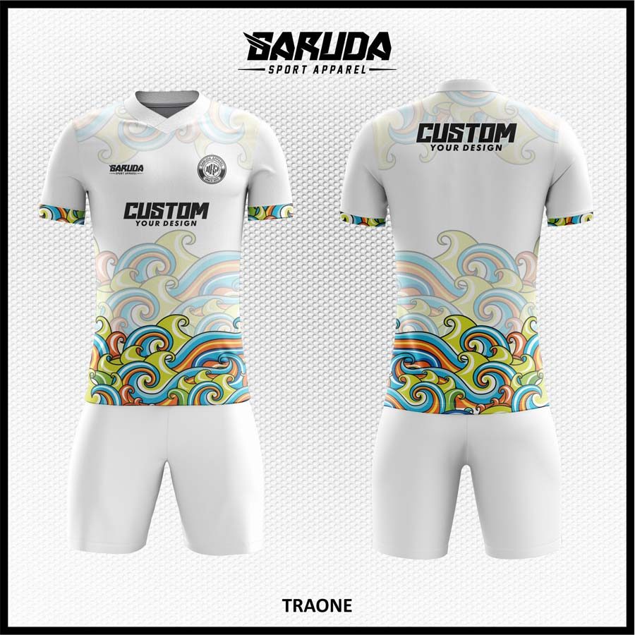Jersey Futsal Putih Cerah dengan Motif Ombak Warna Pastel Dinamis – Kode TRAONE