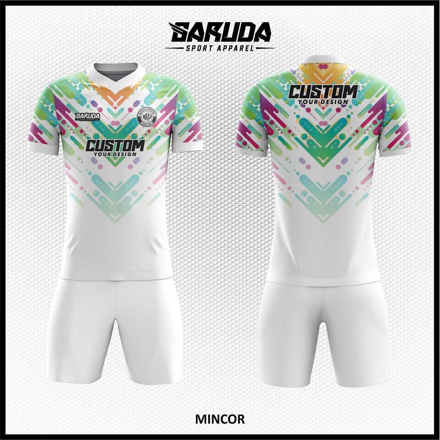 Jersey Futsal Putih Motif Geometris Pastel yang Ceria – Code MINCOR