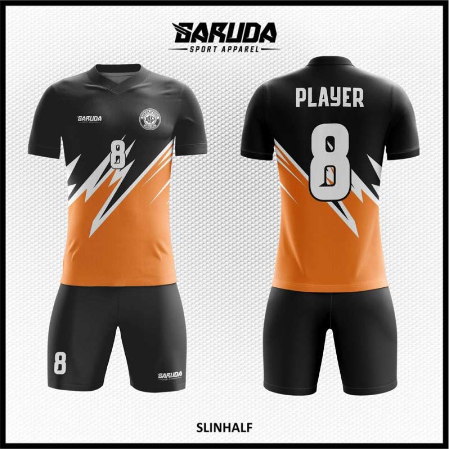 Jersey Futsal Hitam Karbon dan Oranye Terang dengan Motif Petir Dinamis – Kode SLINHALF