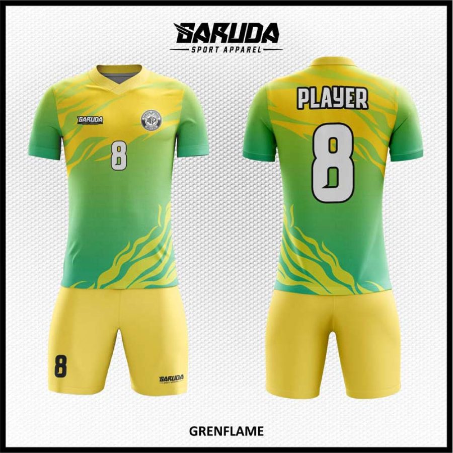 Jersey Futsal Hijau Lime Motif dan Kuning Motif Api yang Membara – Code GRENFLAME