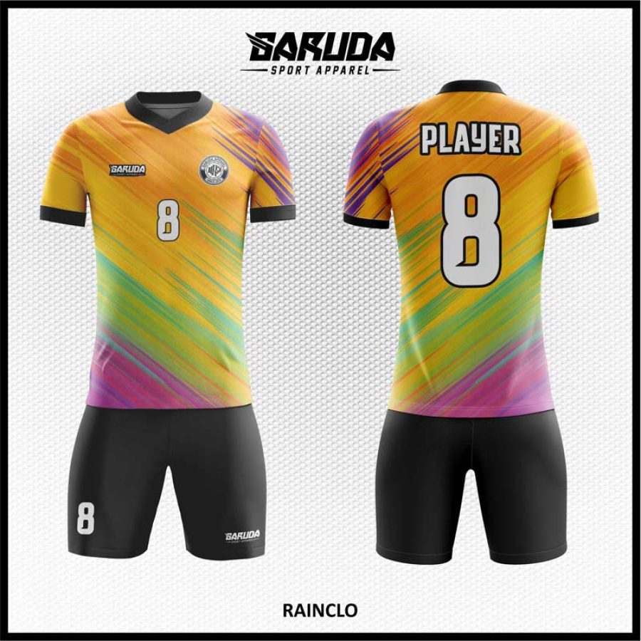 Jersey Futsal Kuning Sunset dengan Motif Sapuan Pelangi yang Dinamis – Code RAINCLO